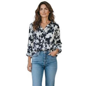 MARIE OLIVER 100% Silk Floral Long Sleeve Blouse. Navy/White. Size Small